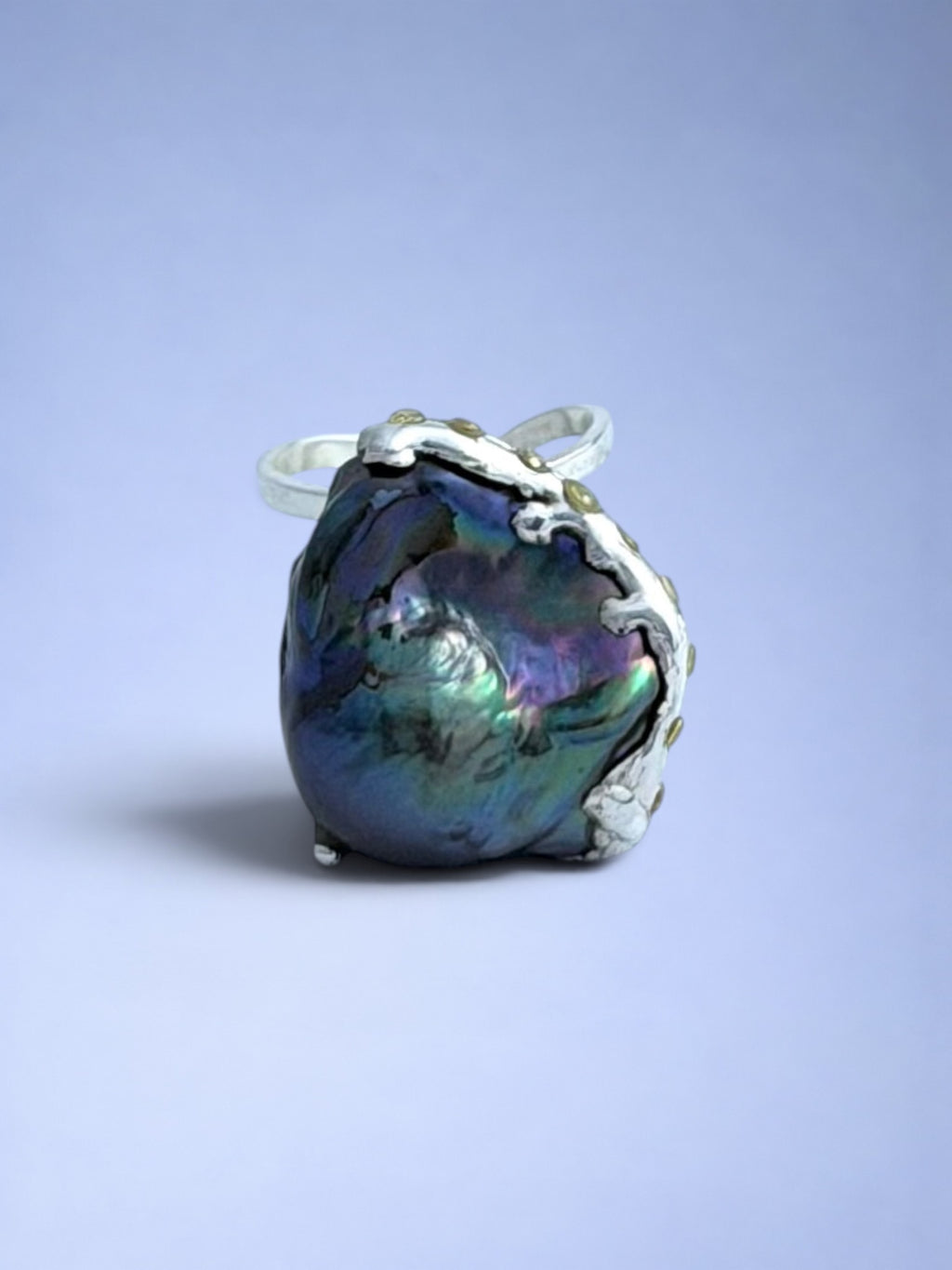 Handmade 925 sterling silver ring with black peacock pearl & citrine — Sribnyak Baroque Pearls