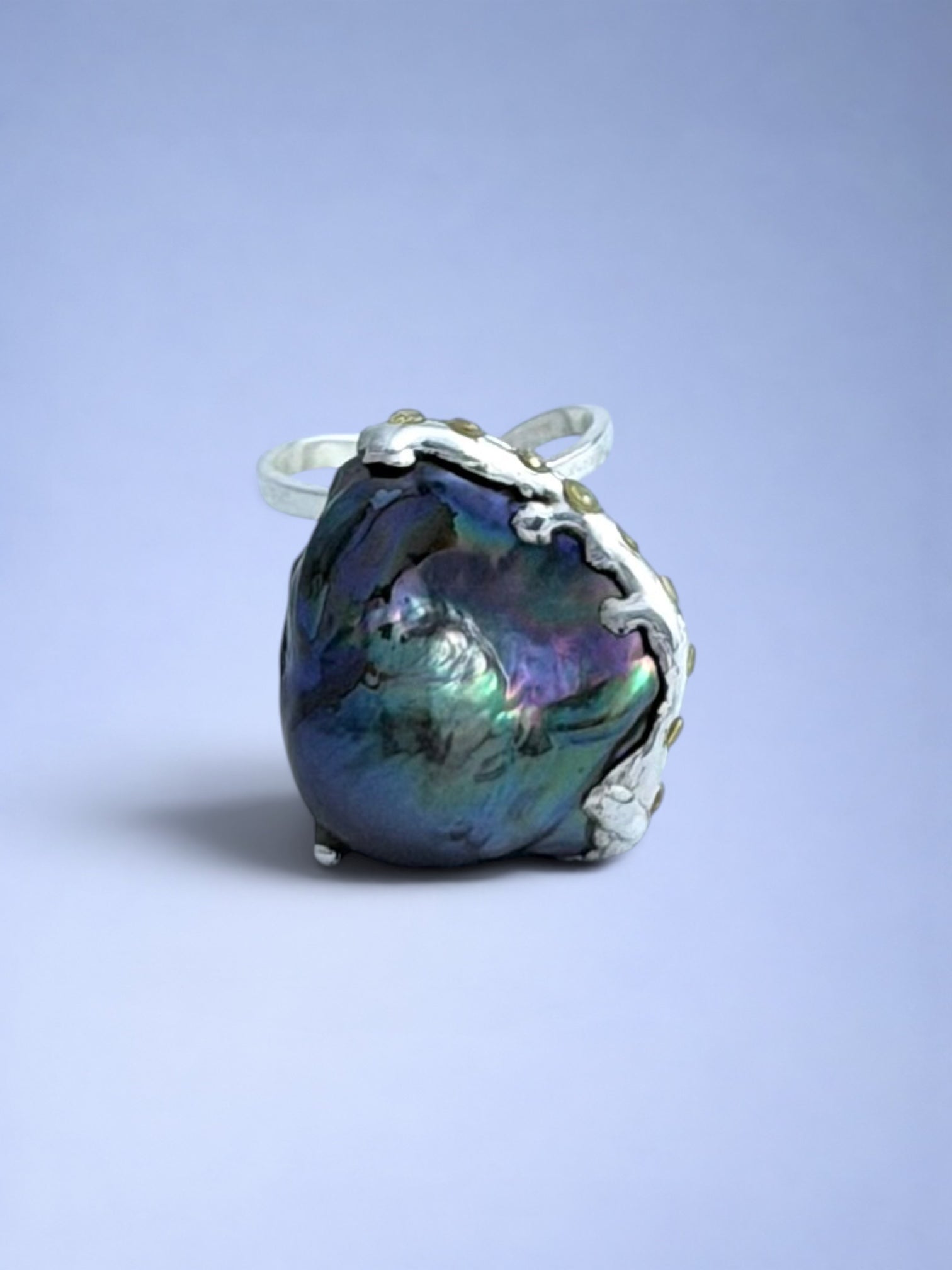 Handmade 925 sterling silver ring with black peacock pearl & citrine — Sribnyak Baroque Pearls