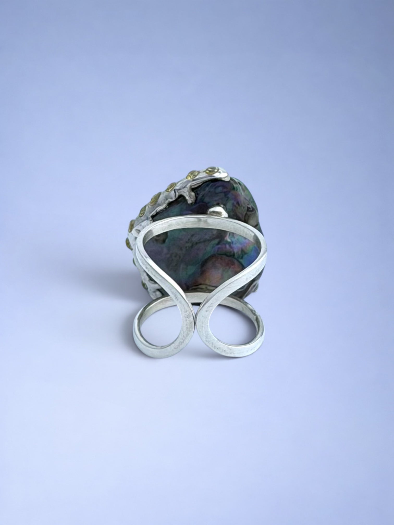 Handmade 925 sterling silver ring with black peacock pearl & citrine — Sribnyak Baroque Pearls