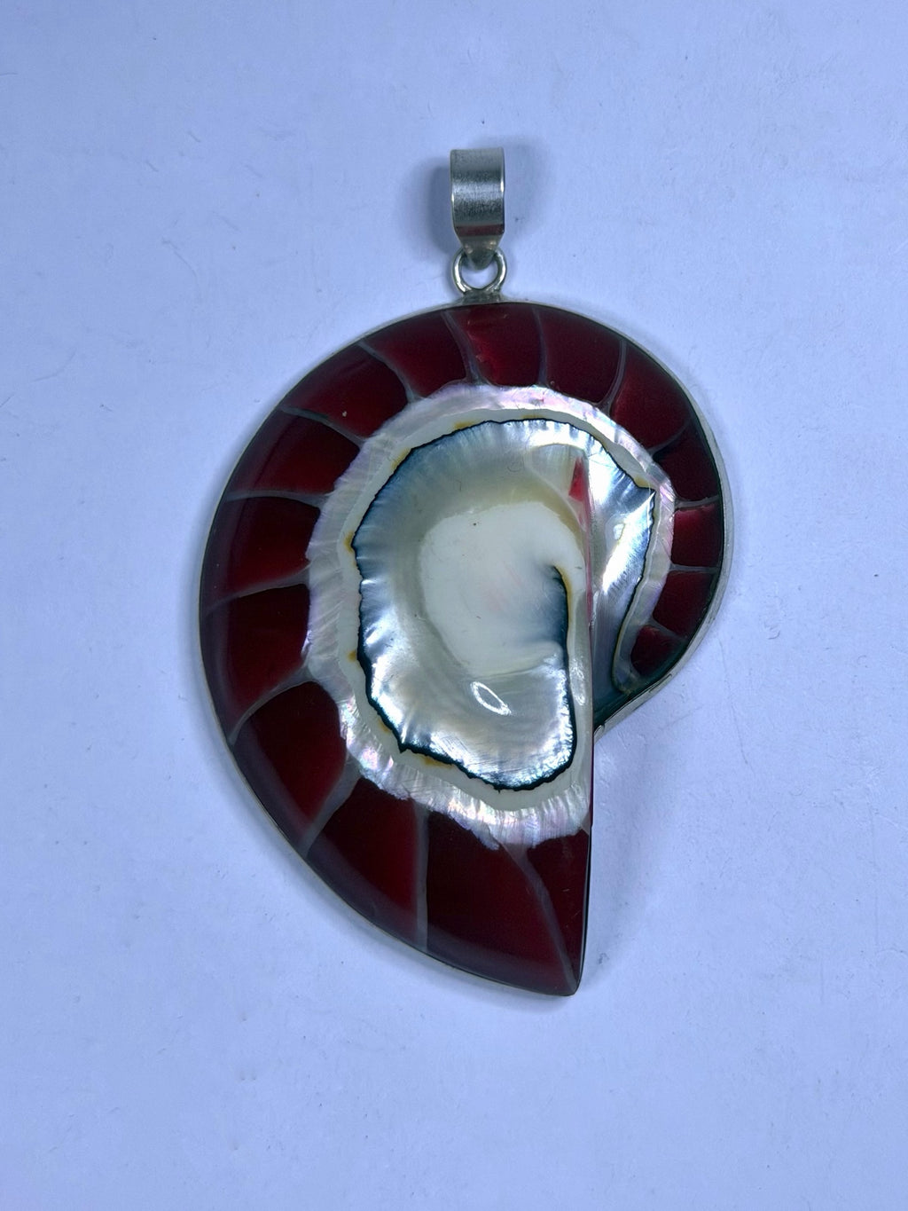 Handmade 925 sterling silver pendant with a red nautilus shell — Sribnyak Baroque Pearls