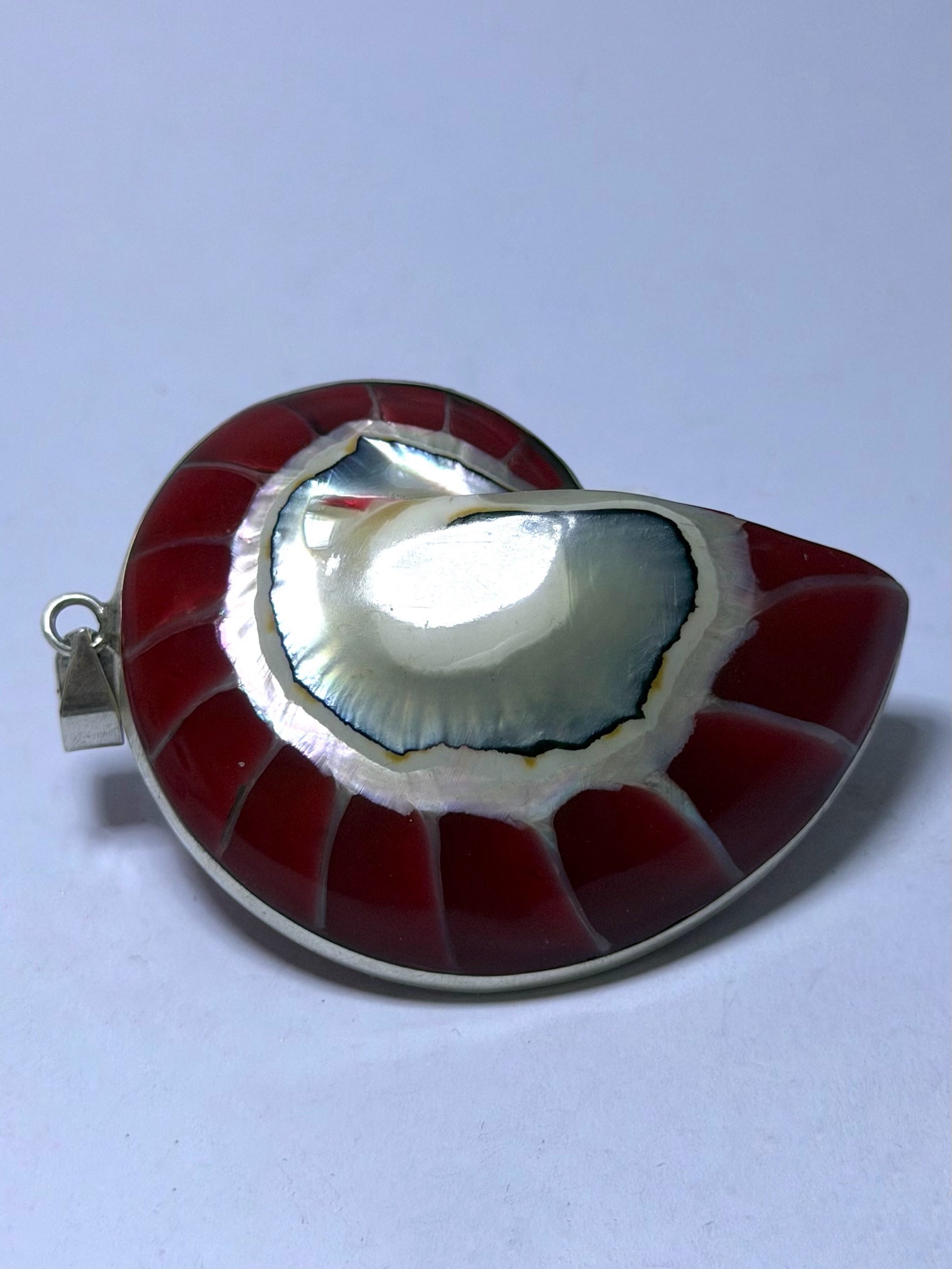 Handmade 925 sterling silver pendant with a red nautilus shell — Sribnyak Baroque Pearls