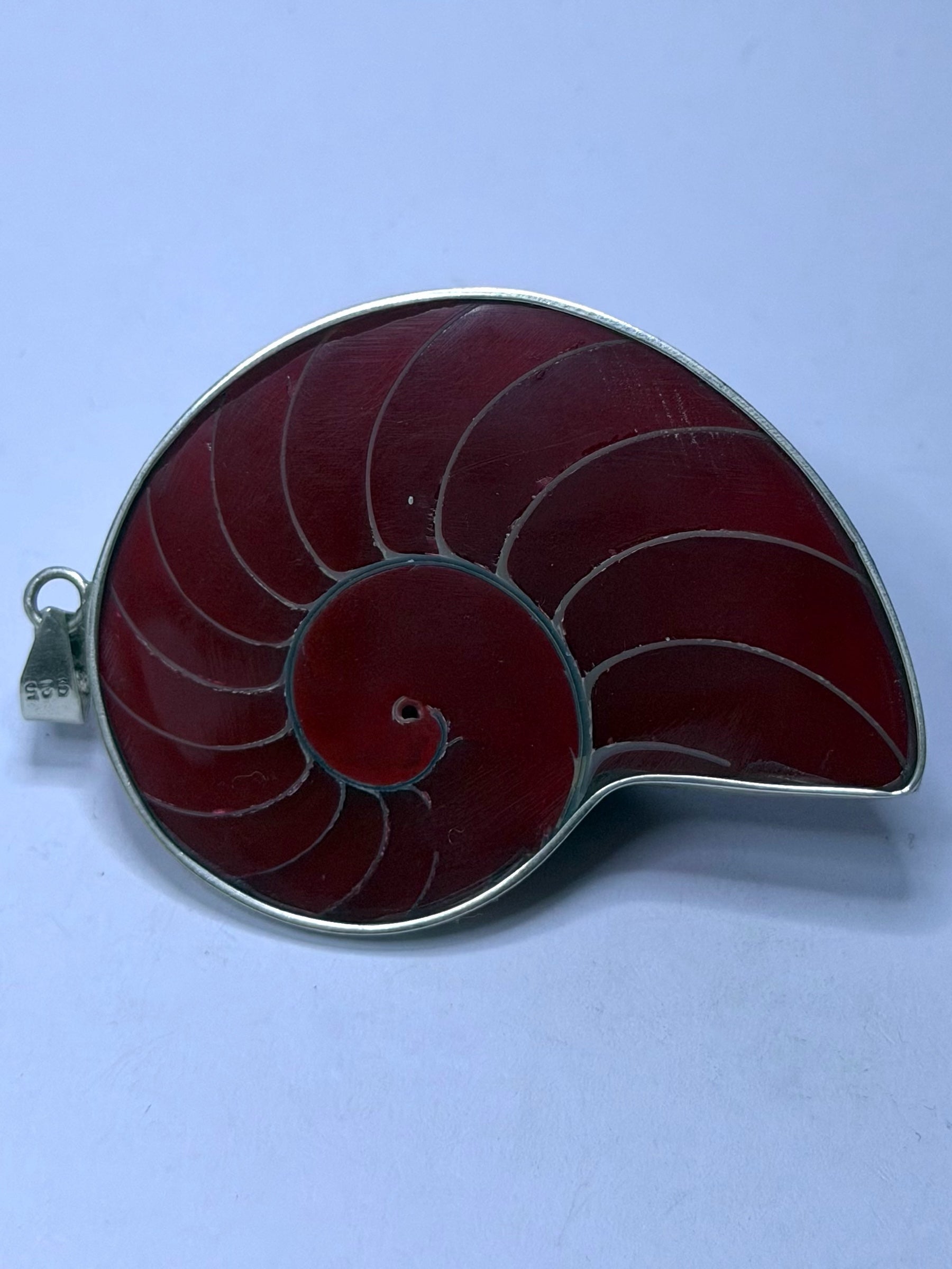 Handmade 925 sterling silver pendant with a red nautilus shell — Sribnyak Baroque Pearls