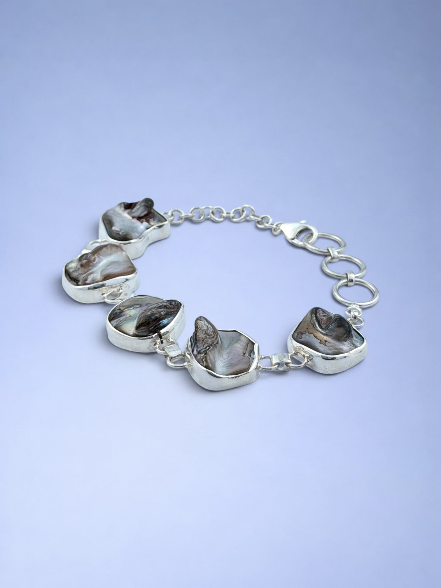 Handmade 925 sterling silver bracelet with lutraria shell — Sribnyak Baroque Pearls