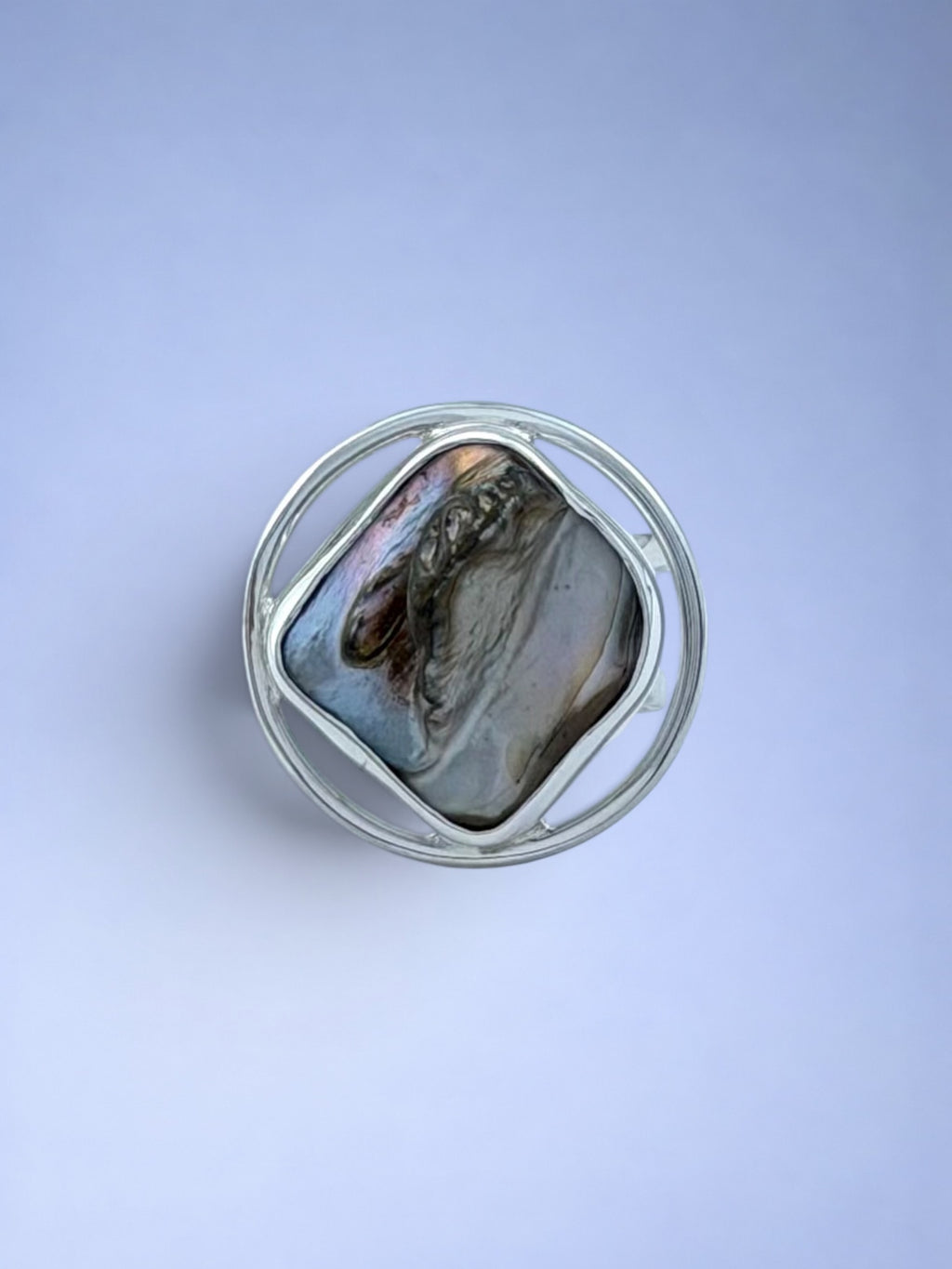 Handmade 925 sterling silver ring with lutraria shell — Sribnyak Baroque Pearls