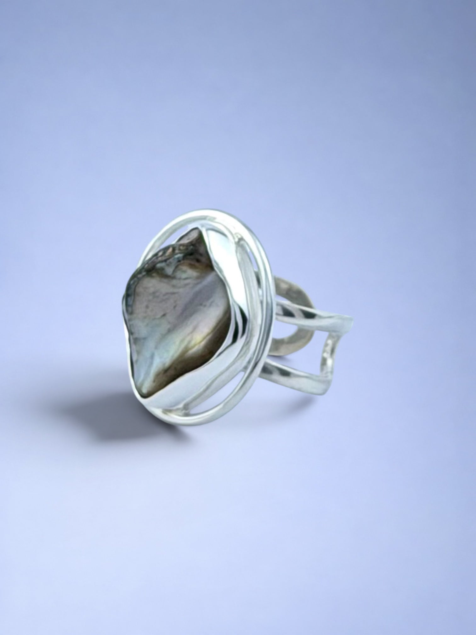 Handmade 925 sterling silver ring with lutraria shell — Sribnyak Baroque Pearls