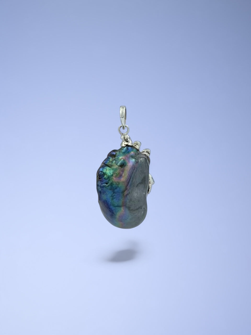Black peacock baroque pearl pendant in 925 sterling silver, alternate view — Sribnyak Baroque Pearls